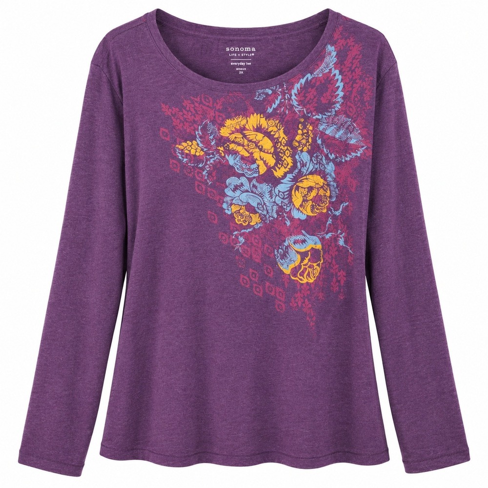 Sonoma Floral Graphic Long Sleeve Tee Womens 2X Purple Excellent Boho Casual